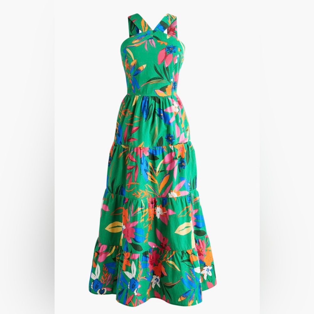 J. Crew Green Smocked Midi Dress | 100% Cotton | Farm Rio Vibes | Size 8 - Picture 2 of 14